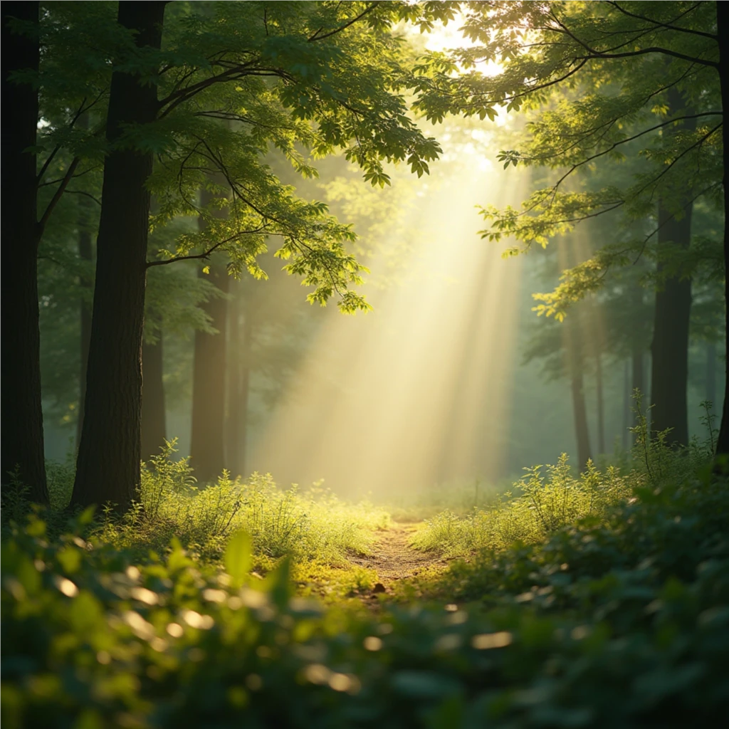 Solstrålar som filtreras genom lövverk och skapar ett mönster av ljus och skugga på marken i en skog, en illustration av komorebi.